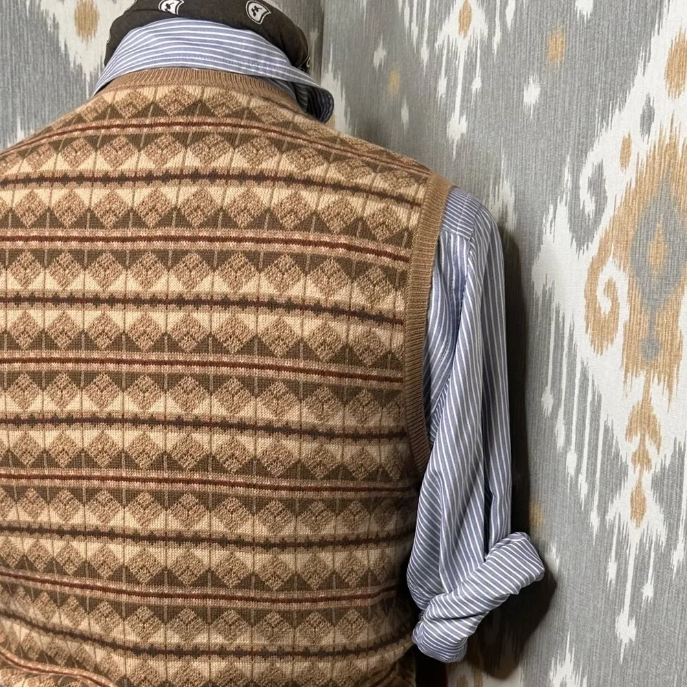 Ralph Lauren Purple Label Tan Multi Fair isle  Geometric V-Neck Sweater Vest